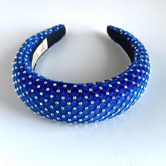 Blue Padded 1.5” Headband with Rhinestone-Adorned Mesh Overlay Handmade - Picture 8 of 10